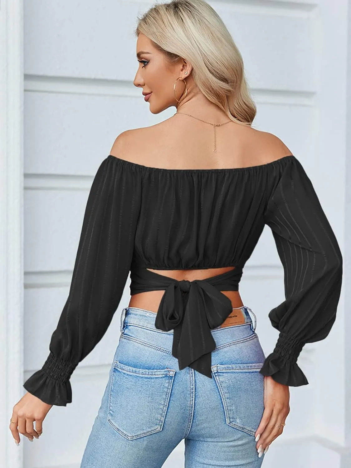 MIRACMODA Woman Off Shoulder Ruched Tie Back Lantern Sleeve Crop Tube Top Chiffon Blouse