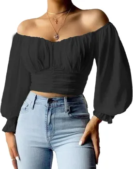 MIRACMODA Woman Off Shoulder Ruched Tie Back Lantern Sleeve Crop Tube Top Chiffon Blouse
