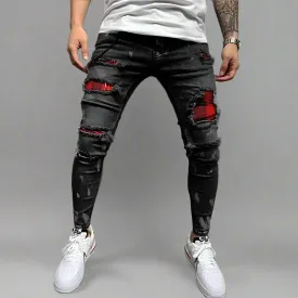 New Skinny Ripped Jeans w/ Grid Hole Plaid Patches
