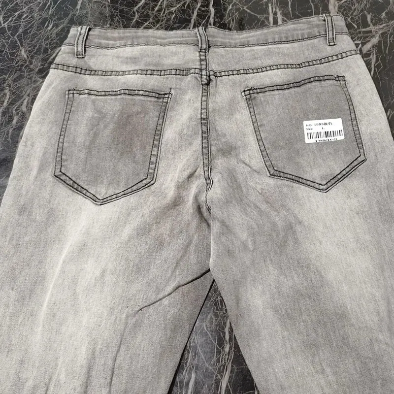 New Skinny Ripped Jeans w/ Grid Hole Plaid Patches