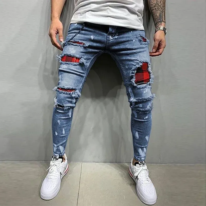 New Skinny Ripped Jeans w/ Grid Hole Plaid Patches