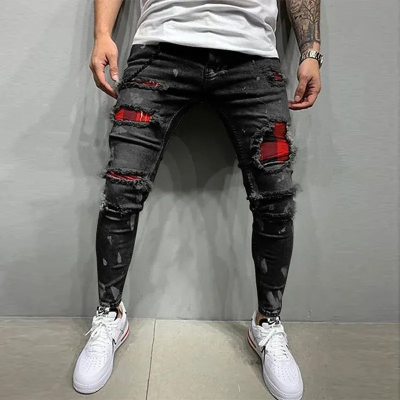 New Skinny Ripped Jeans w/ Grid Hole Plaid Patches