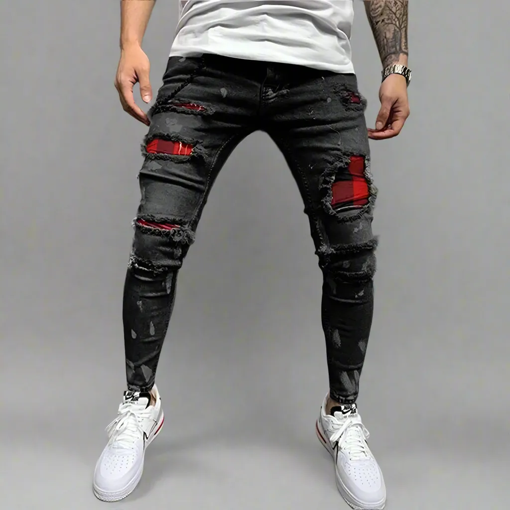 New Skinny Ripped Jeans w/ Grid Hole Plaid Patches