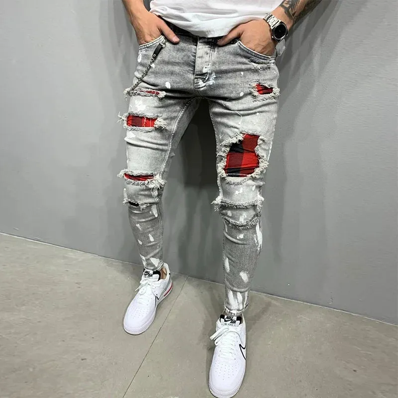 New Skinny Ripped Jeans w/ Grid Hole Plaid Patches