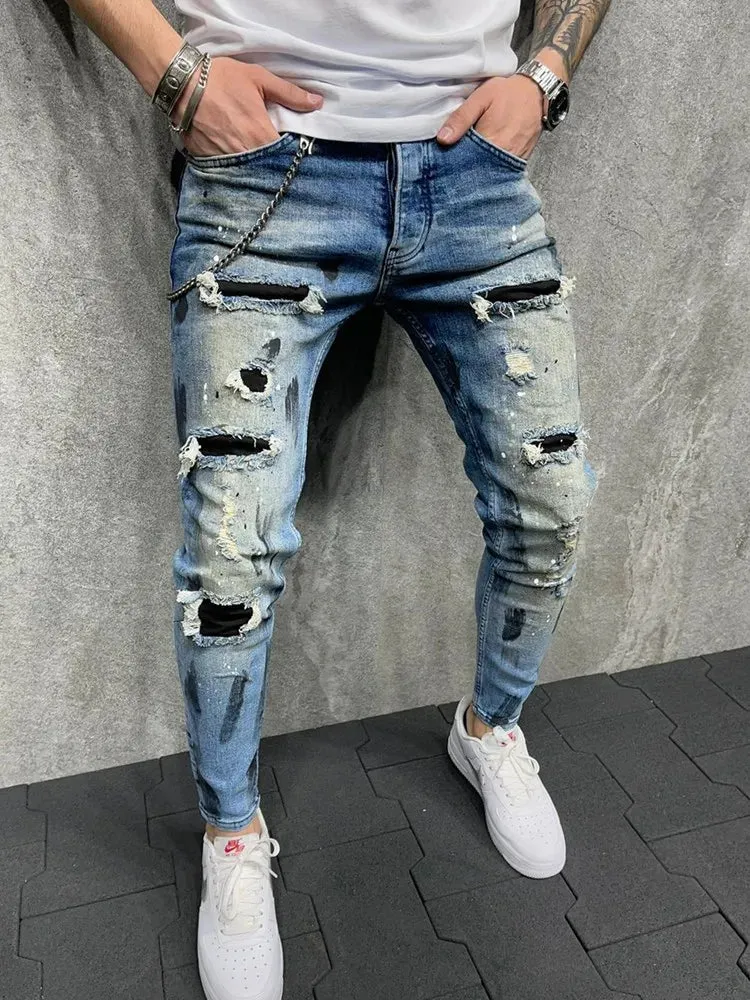 New Skinny Ripped Jeans w/ Grid Hole Plaid Patches