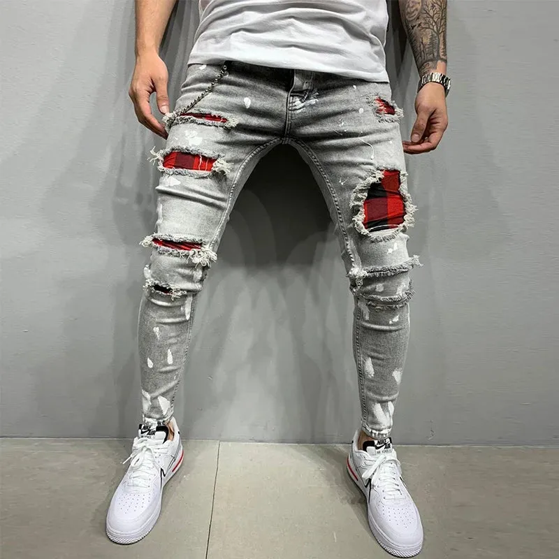New Skinny Ripped Jeans w/ Grid Hole Plaid Patches