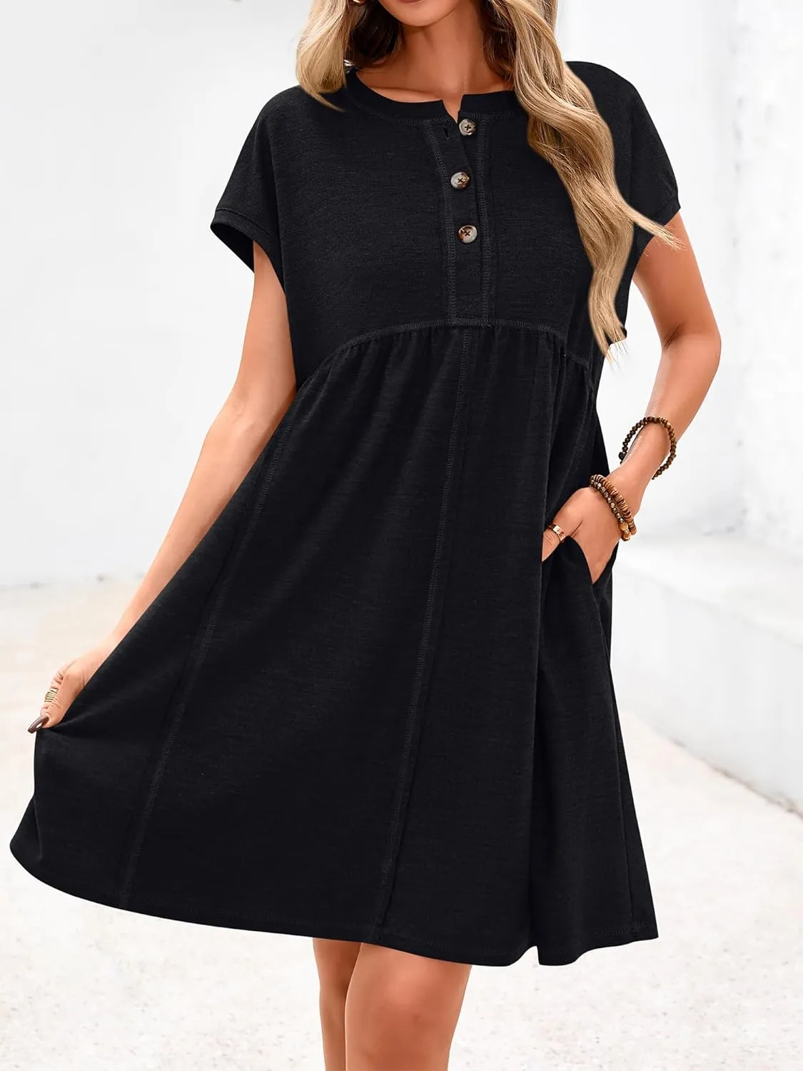 NOLLSOM Women's Summer Dresses 2025 Cap Sleeves Button Down Solid Oversized Short Dress Tshirt Mini Dress with Pockets