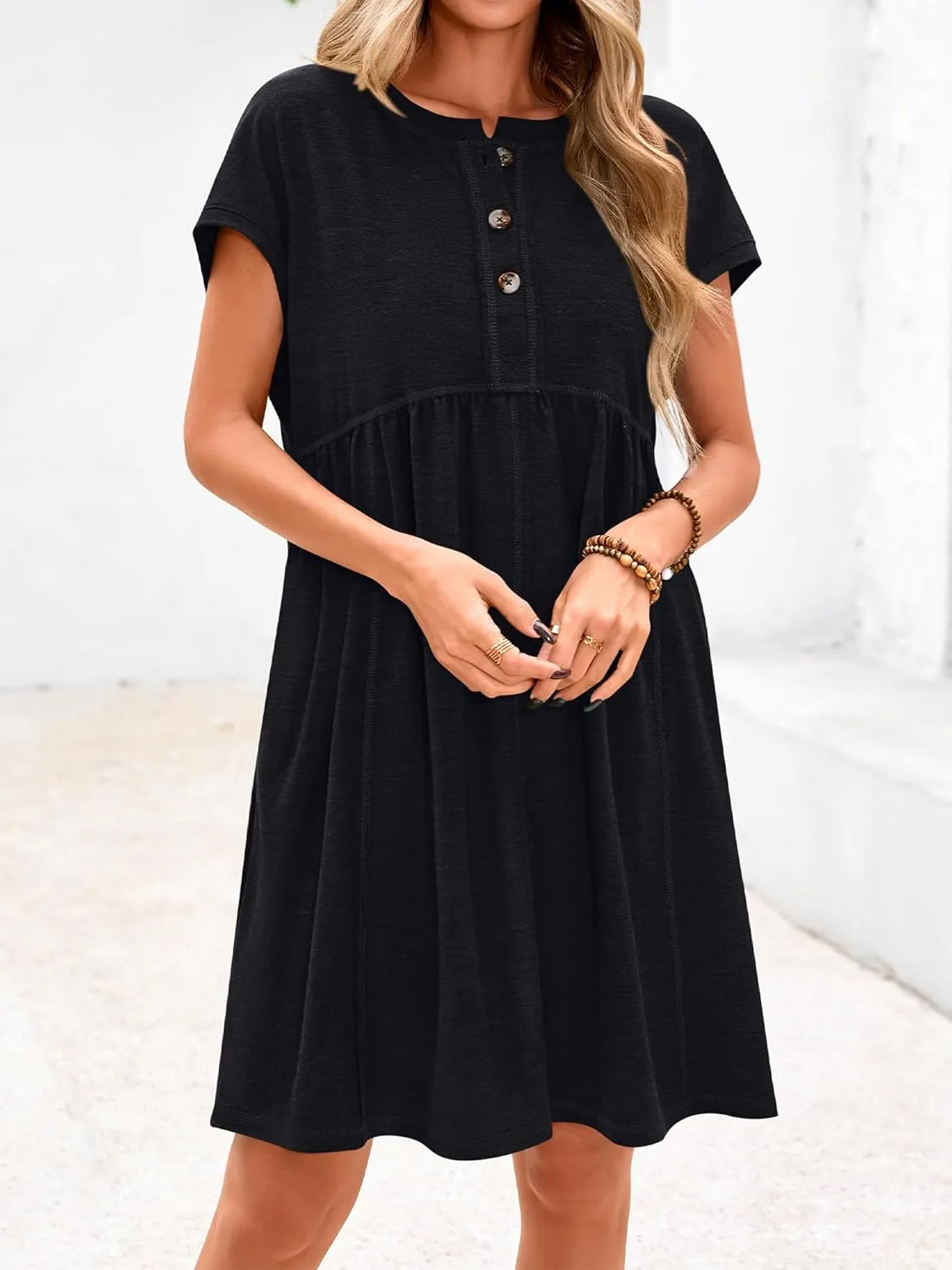 NOLLSOM Women's Summer Dresses 2025 Cap Sleeves Button Down Solid Oversized Short Dress Tshirt Mini Dress with Pockets