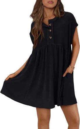 NOLLSOM Women's Summer Dresses 2025 Cap Sleeves Button Down Solid Oversized Short Dress Tshirt Mini Dress with Pockets