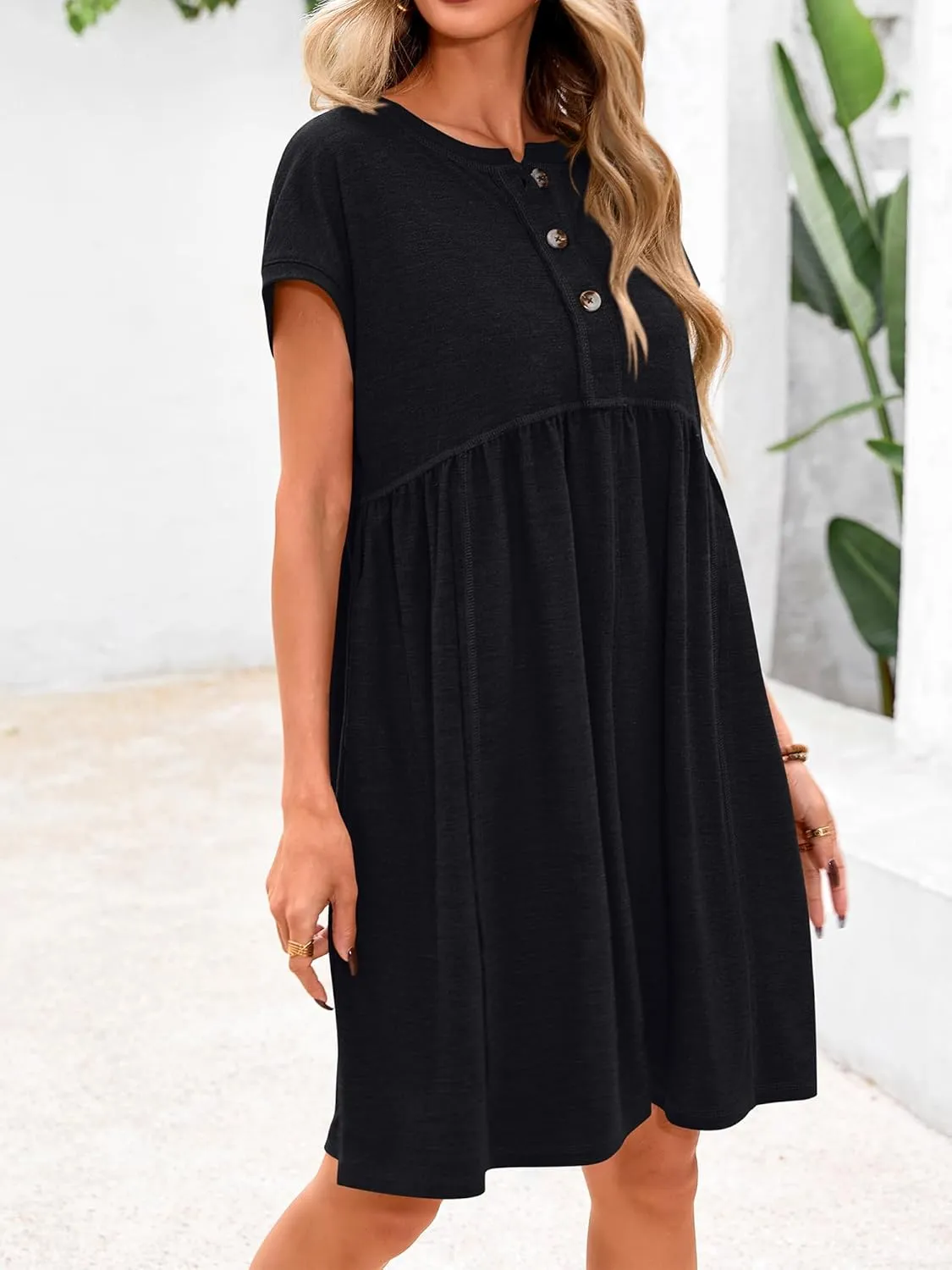 NOLLSOM Women's Summer Dresses 2025 Cap Sleeves Button Down Solid Oversized Short Dress Tshirt Mini Dress with Pockets