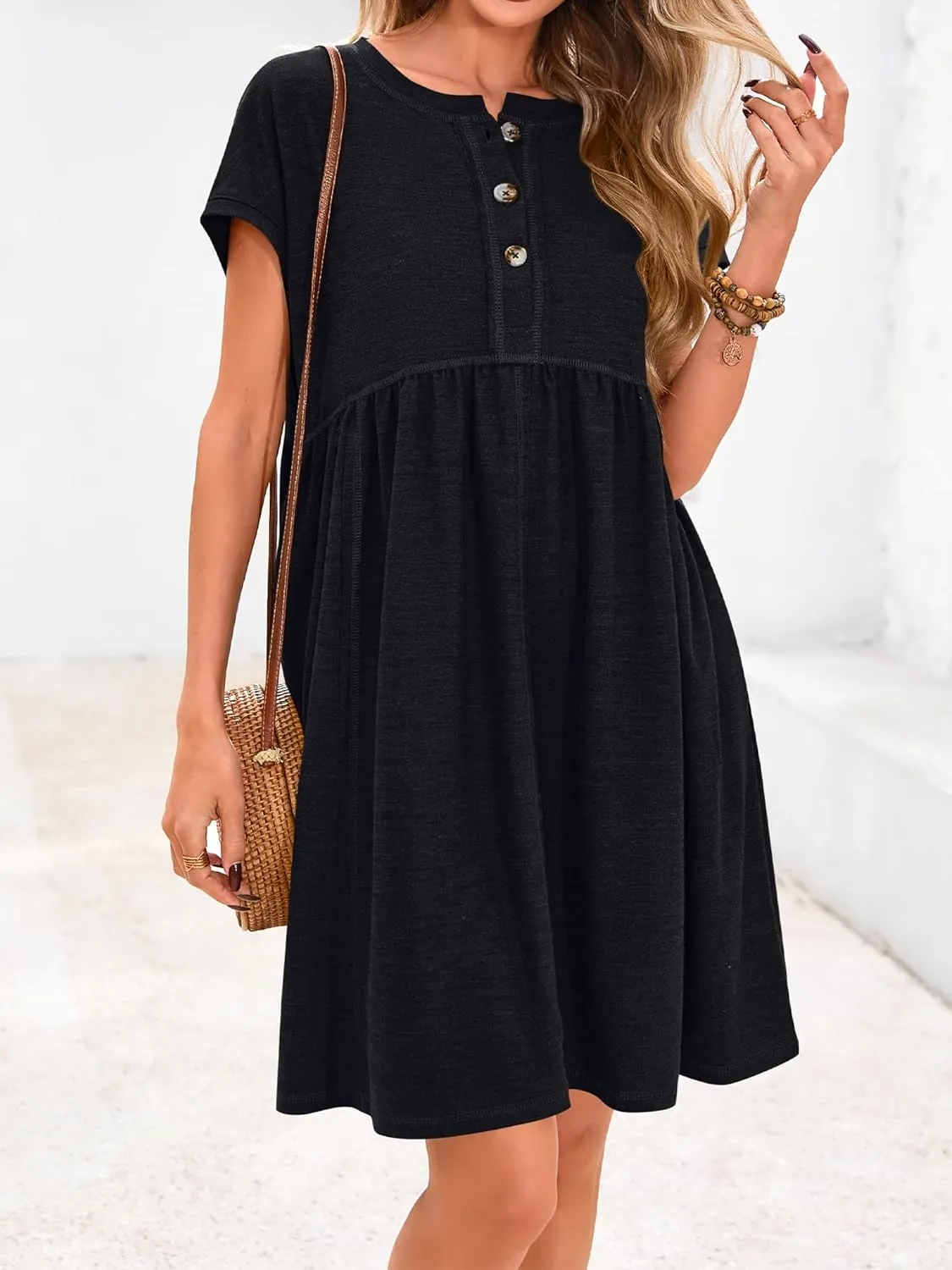 NOLLSOM Women's Summer Dresses 2025 Cap Sleeves Button Down Solid Oversized Short Dress Tshirt Mini Dress with Pockets