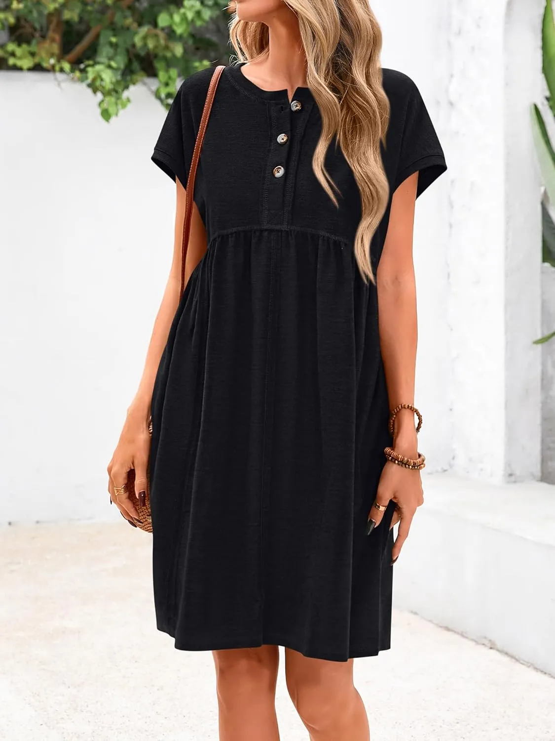 NOLLSOM Women's Summer Dresses 2025 Cap Sleeves Button Down Solid Oversized Short Dress Tshirt Mini Dress with Pockets