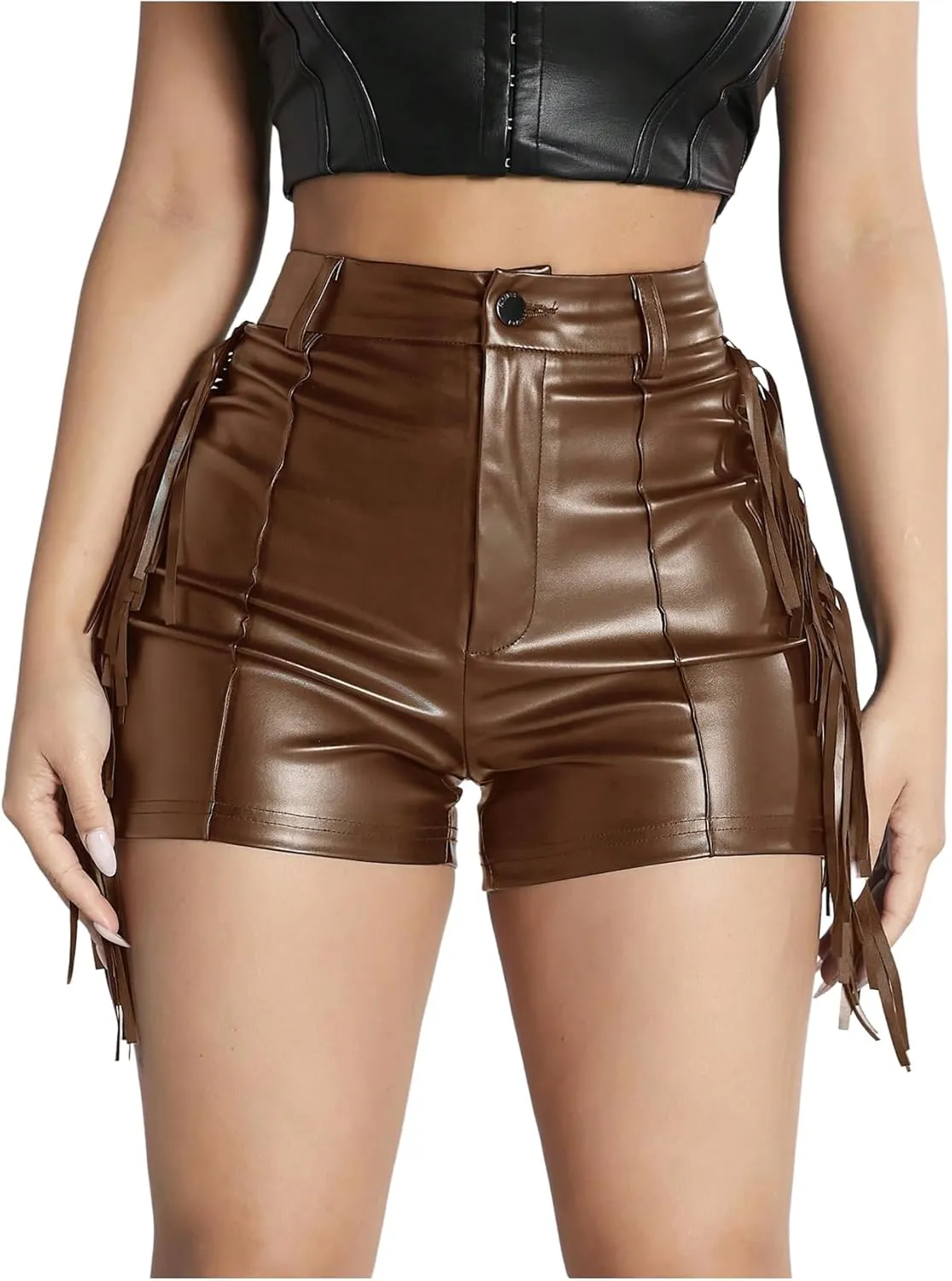 OYOANGLE Women's PU Leather Elastic High Waist Fringe Shorts Party Skinny Straight Leg Shorts