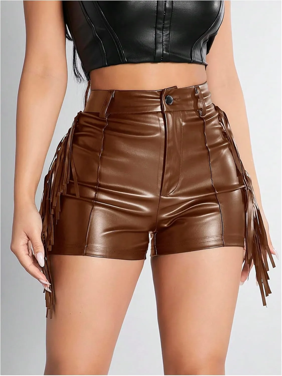 OYOANGLE Women's PU Leather Elastic High Waist Fringe Shorts Party Skinny Straight Leg Shorts