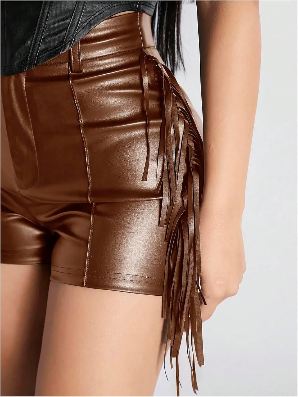 OYOANGLE Women's PU Leather Elastic High Waist Fringe Shorts Party Skinny Straight Leg Shorts