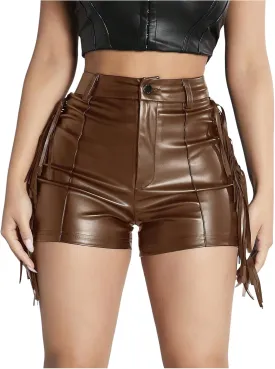 OYOANGLE Women's PU Leather Elastic High Waist Fringe Shorts Party Skinny Straight Leg Shorts