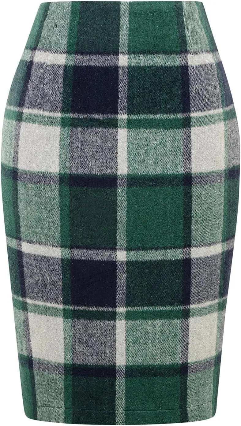 Plaid Midi Skirts for Women 2024 Fall Winter Pencil Bodycon with Slit High Waist Cute Skirt