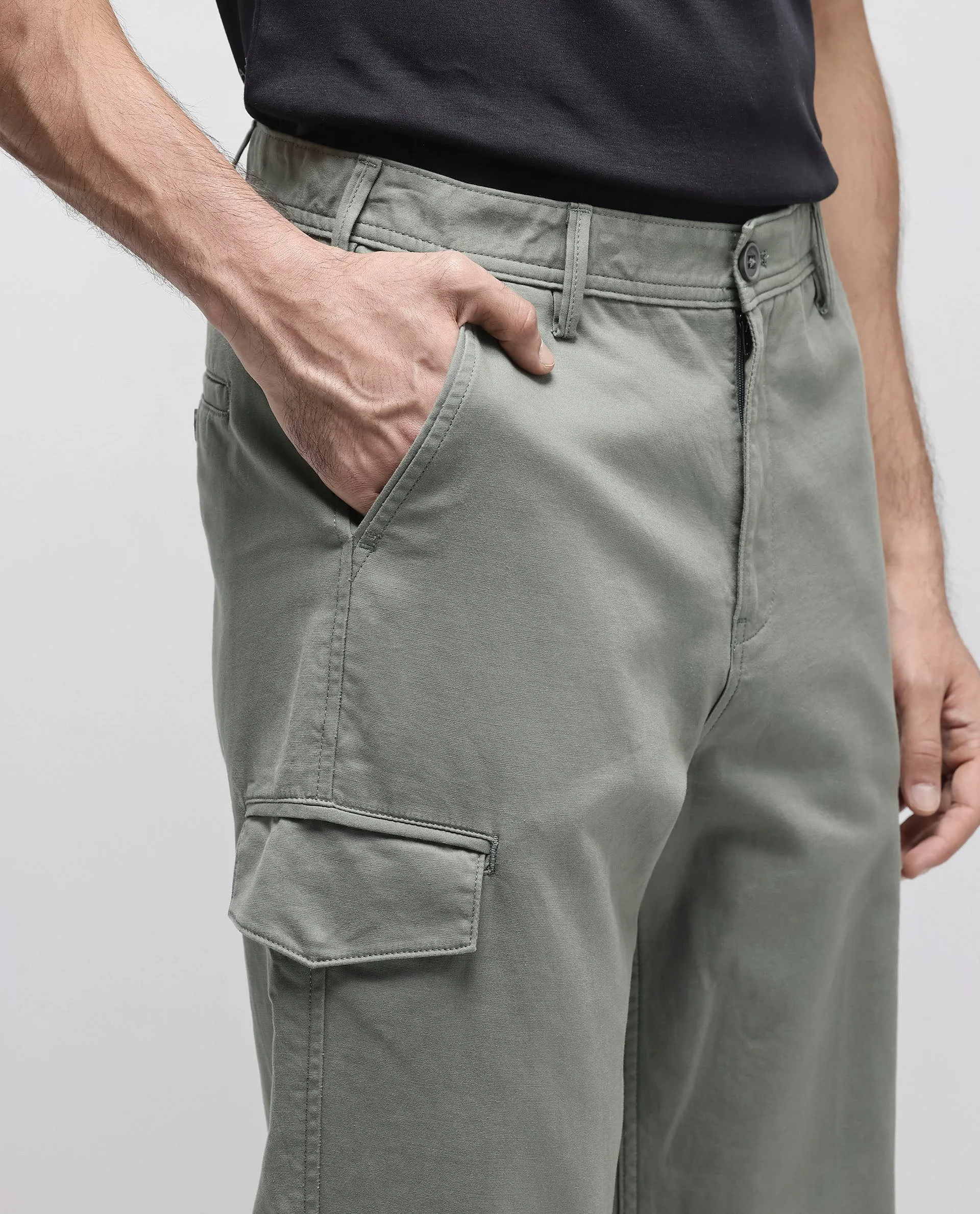 Rare Rabbit Men's Zipo Dusky Green Cotton Fabric Mid Rise Regular Fit Solid Cargo Trouser