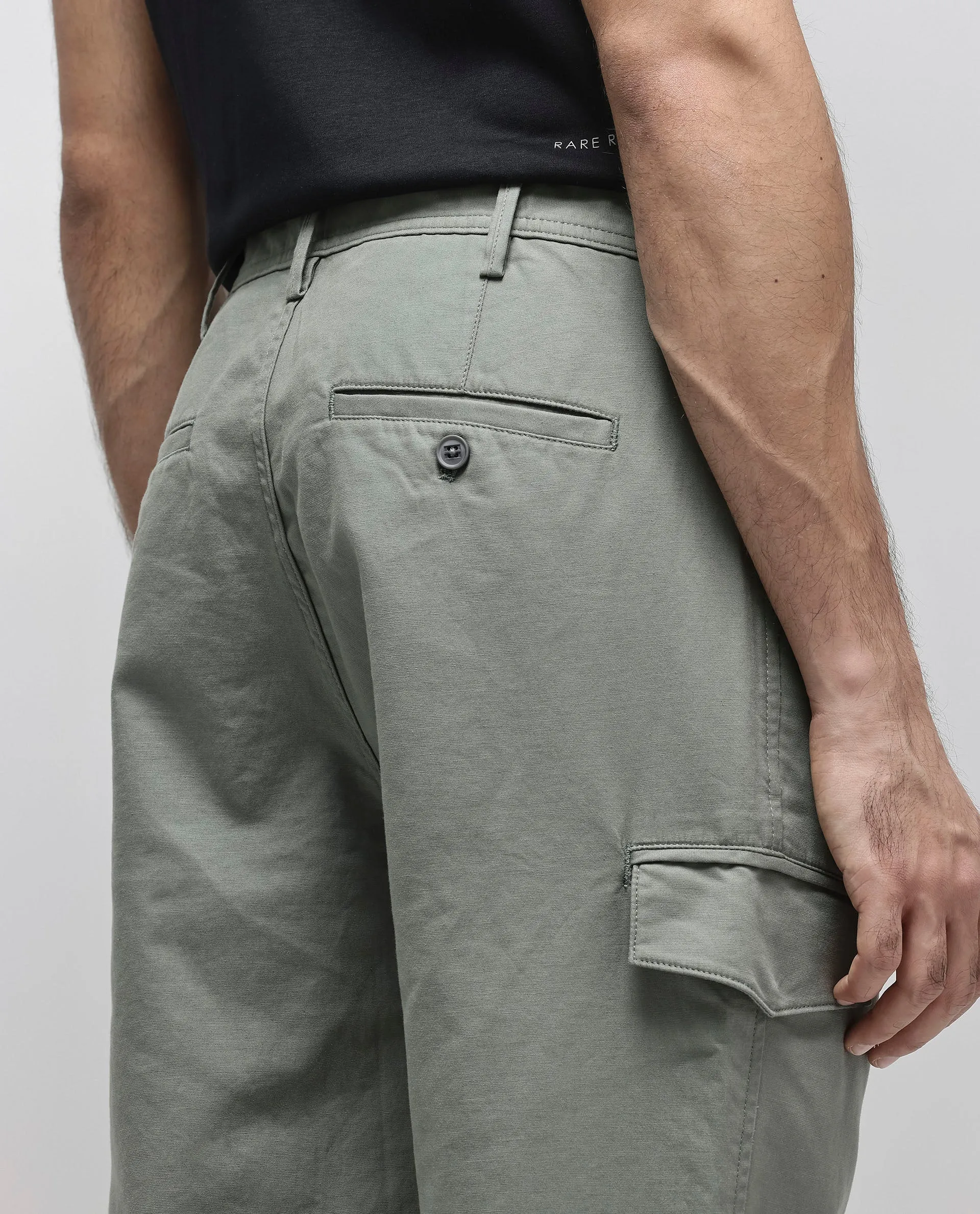 Rare Rabbit Men's Zipo Dusky Green Cotton Fabric Mid Rise Regular Fit Solid Cargo Trouser