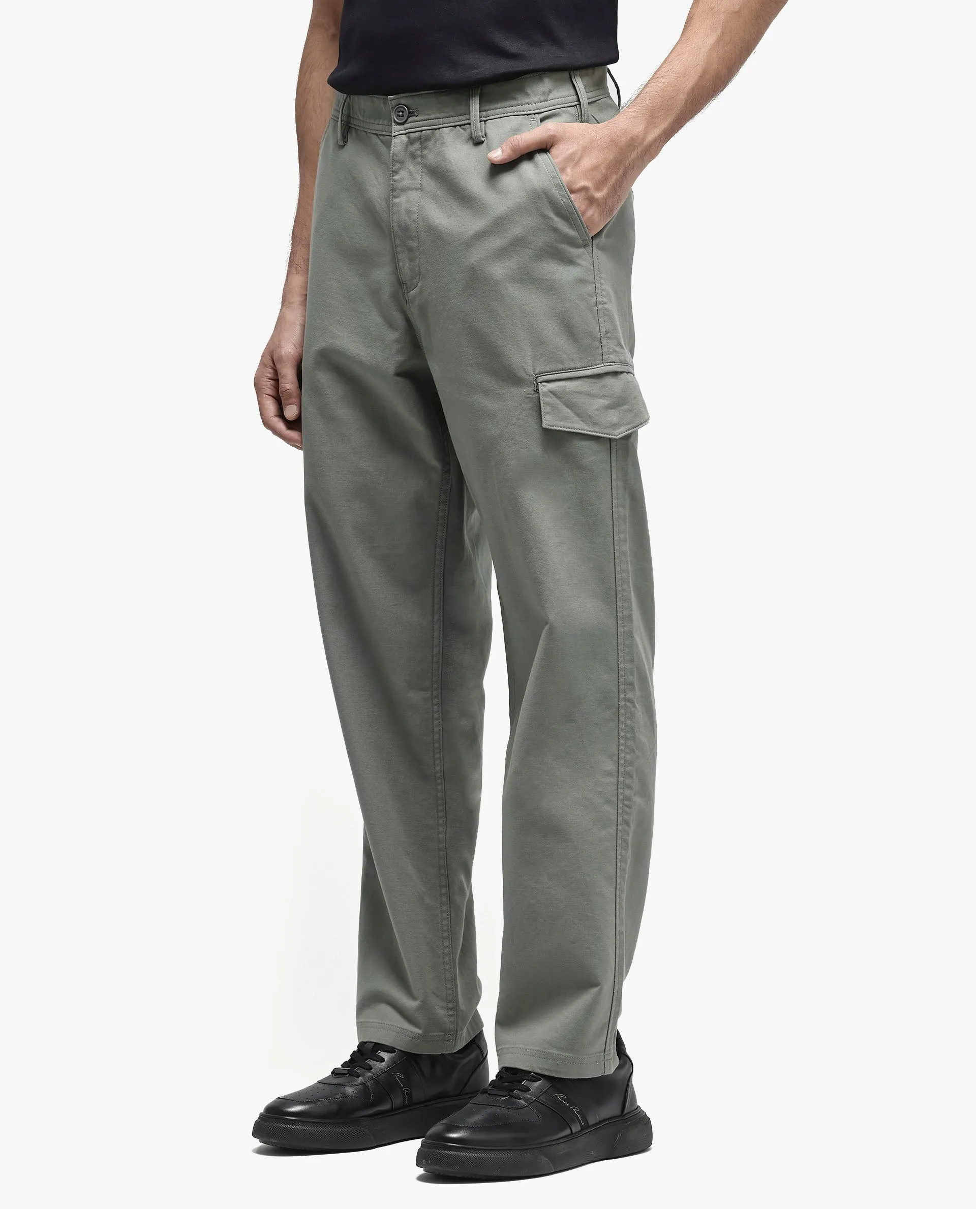 Rare Rabbit Men's Zipo Dusky Green Cotton Fabric Mid Rise Regular Fit Solid Cargo Trouser