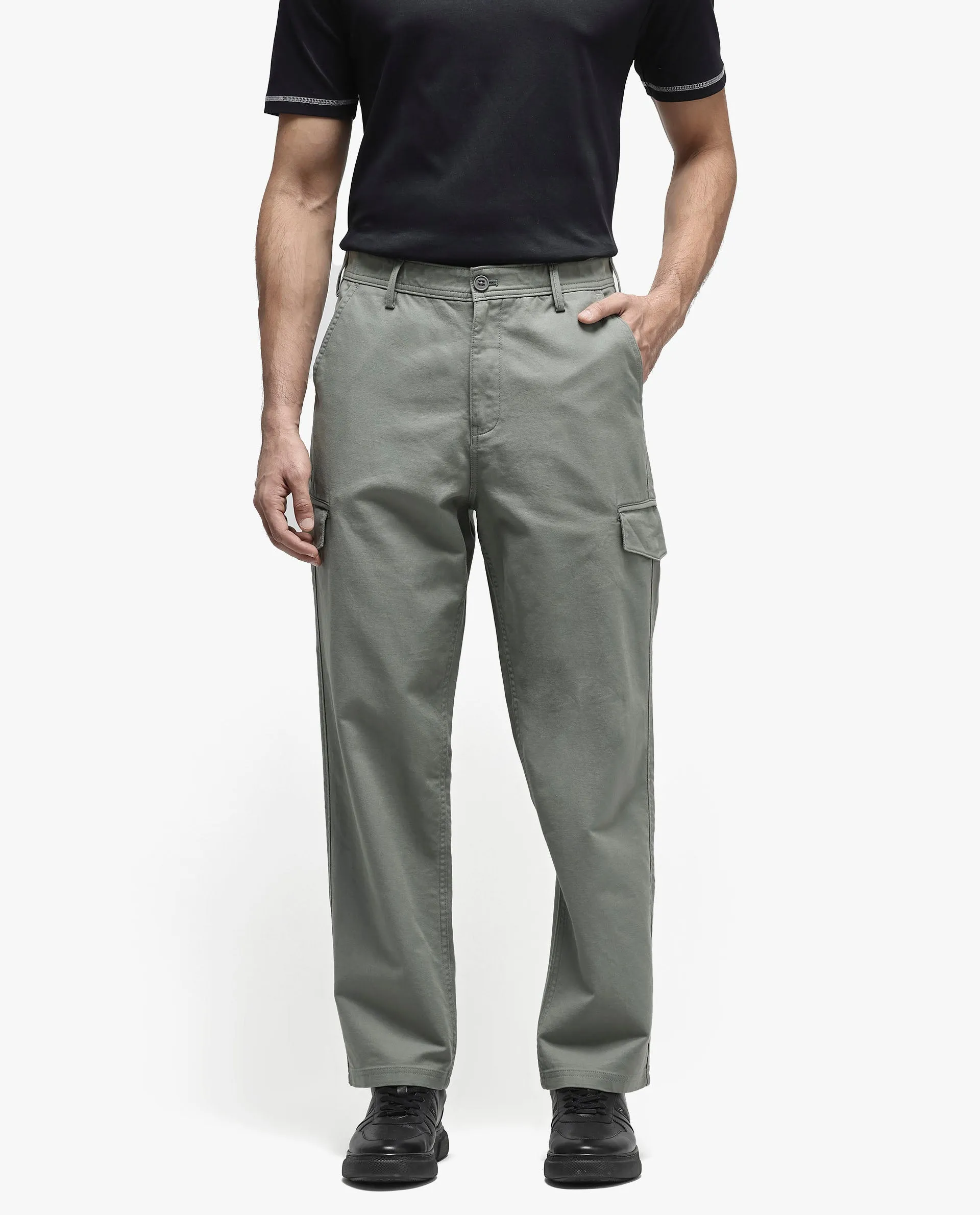 Rare Rabbit Men's Zipo Dusky Green Cotton Fabric Mid Rise Regular Fit Solid Cargo Trouser