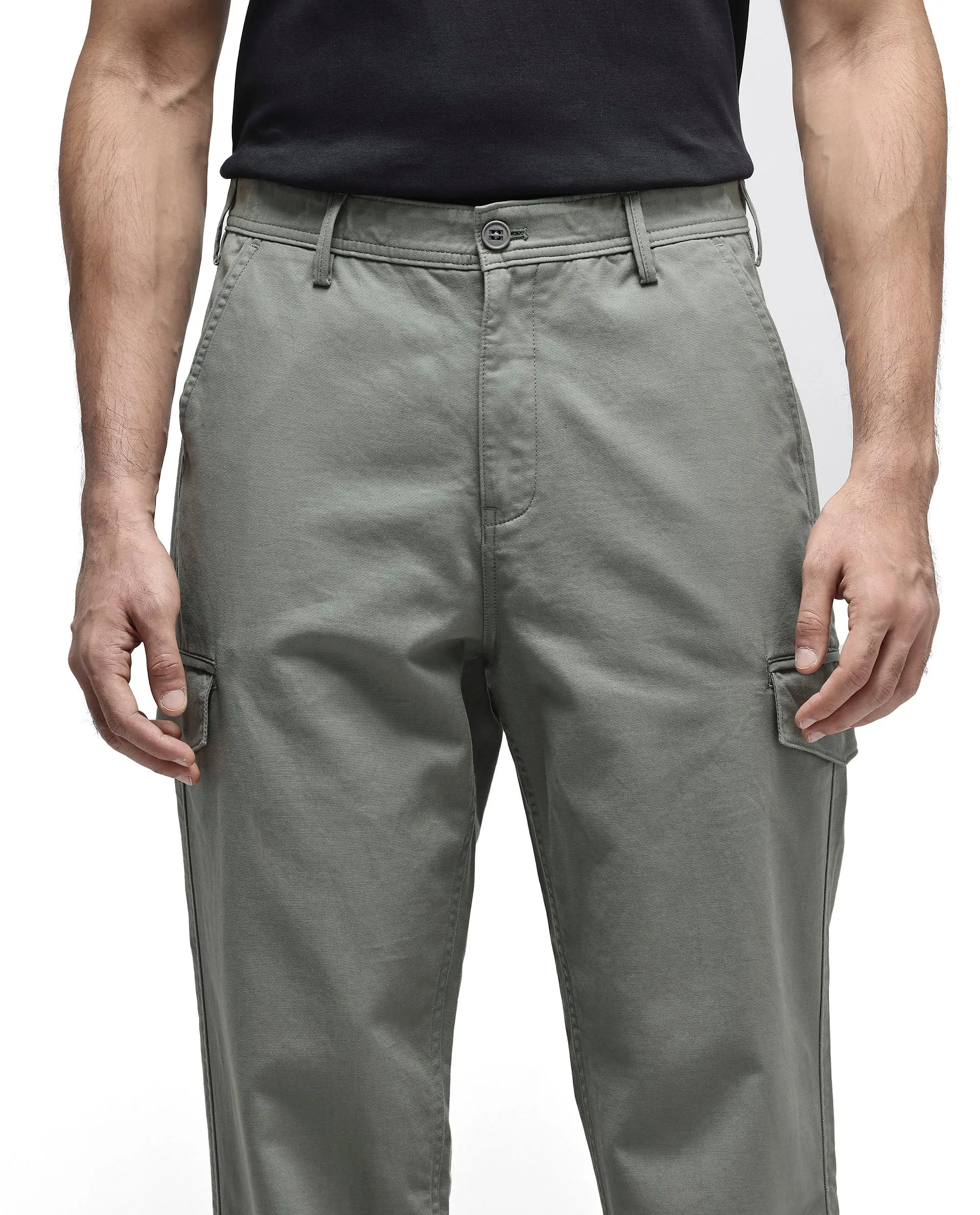 Rare Rabbit Men's Zipo Dusky Green Cotton Fabric Mid Rise Regular Fit Solid Cargo Trouser