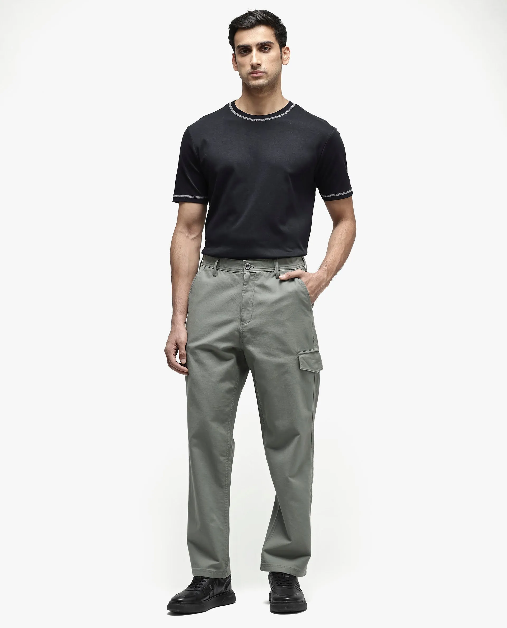 Rare Rabbit Men's Zipo Dusky Green Cotton Fabric Mid Rise Regular Fit Solid Cargo Trouser