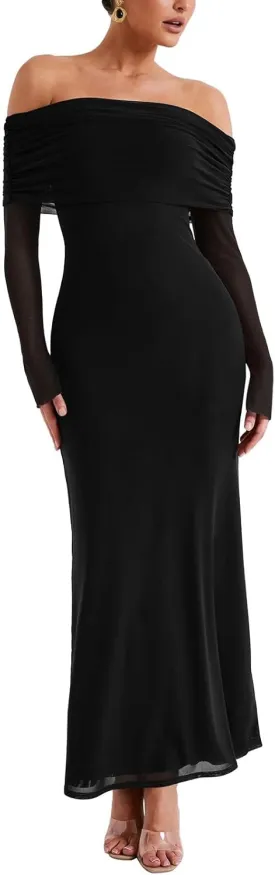 REORIA Women Off Shoulder Long Sleeve Dress Elegant Sexy Stretch Mesh Double Lined Slim Trendy Long Dresses