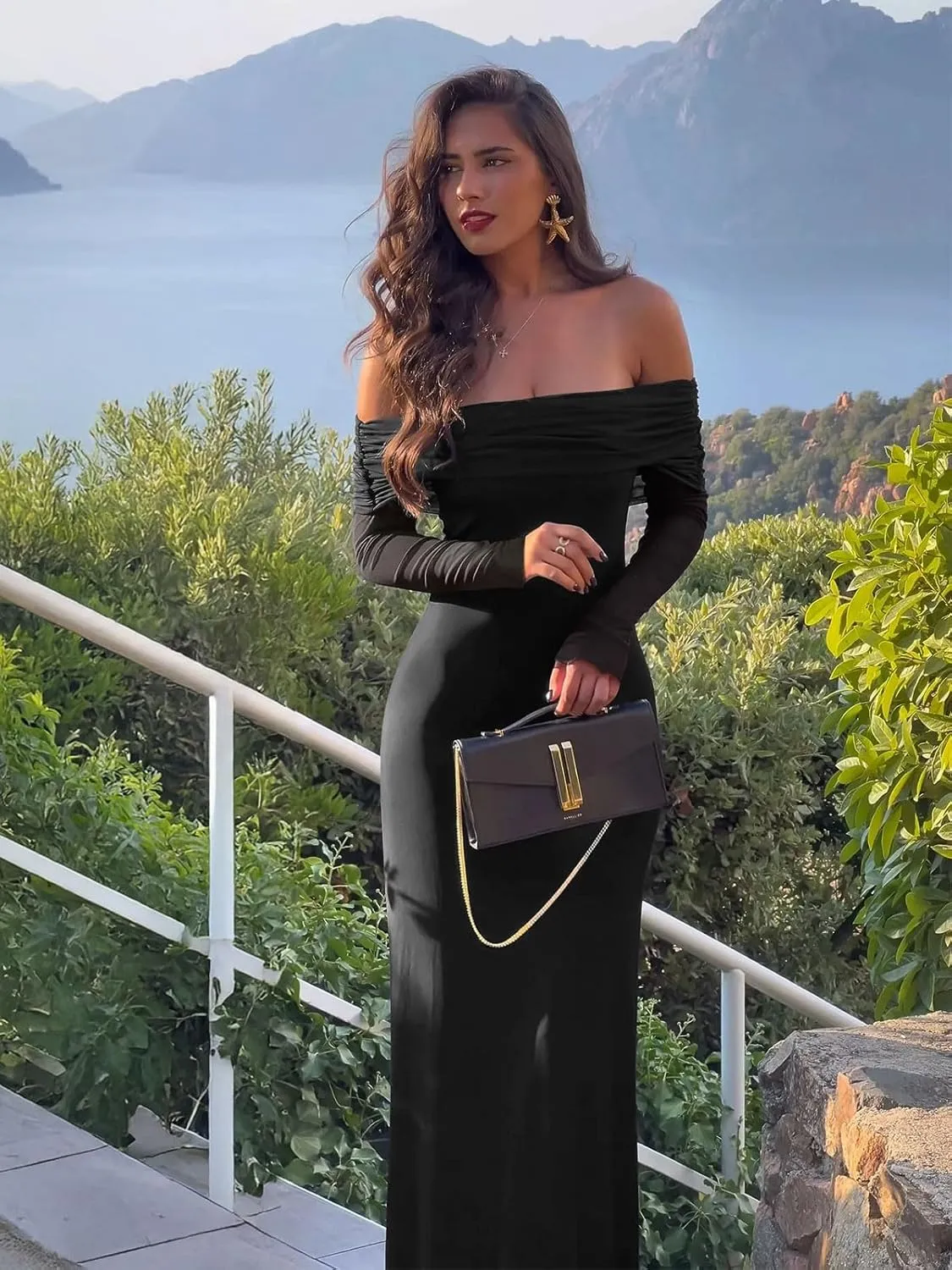 REORIA Women Off Shoulder Long Sleeve Dress Elegant Sexy Stretch Mesh Double Lined Slim Trendy Long Dresses