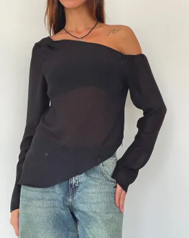 Riot Asymmetric Longline Top in Black Chiffon