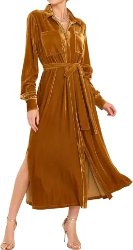R.Vivimos Women's Fall Long Sleeve Velvet Casual Dresses Button Down Loose Slit Shirt Midi Dress with Belt