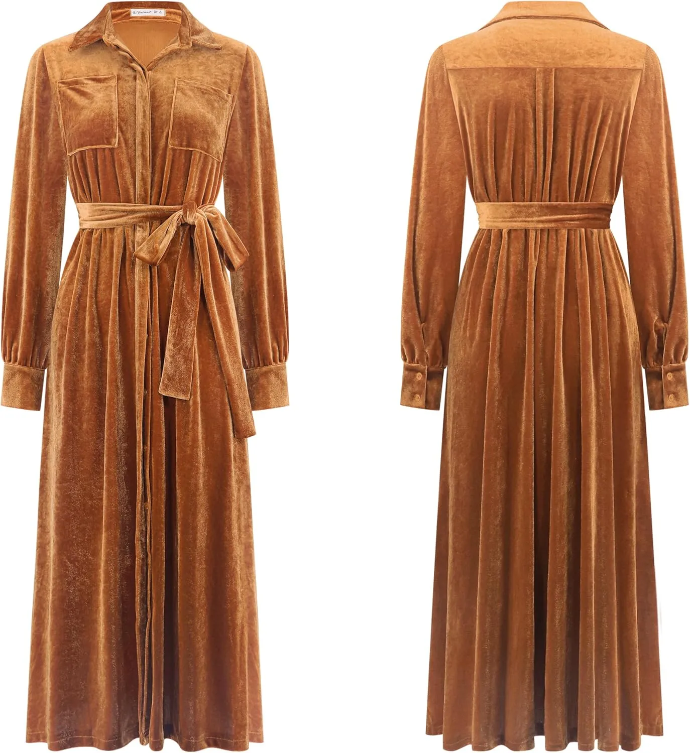 R.Vivimos Women's Fall Long Sleeve Velvet Casual Dresses Button Down Loose Slit Shirt Midi Dress with Belt