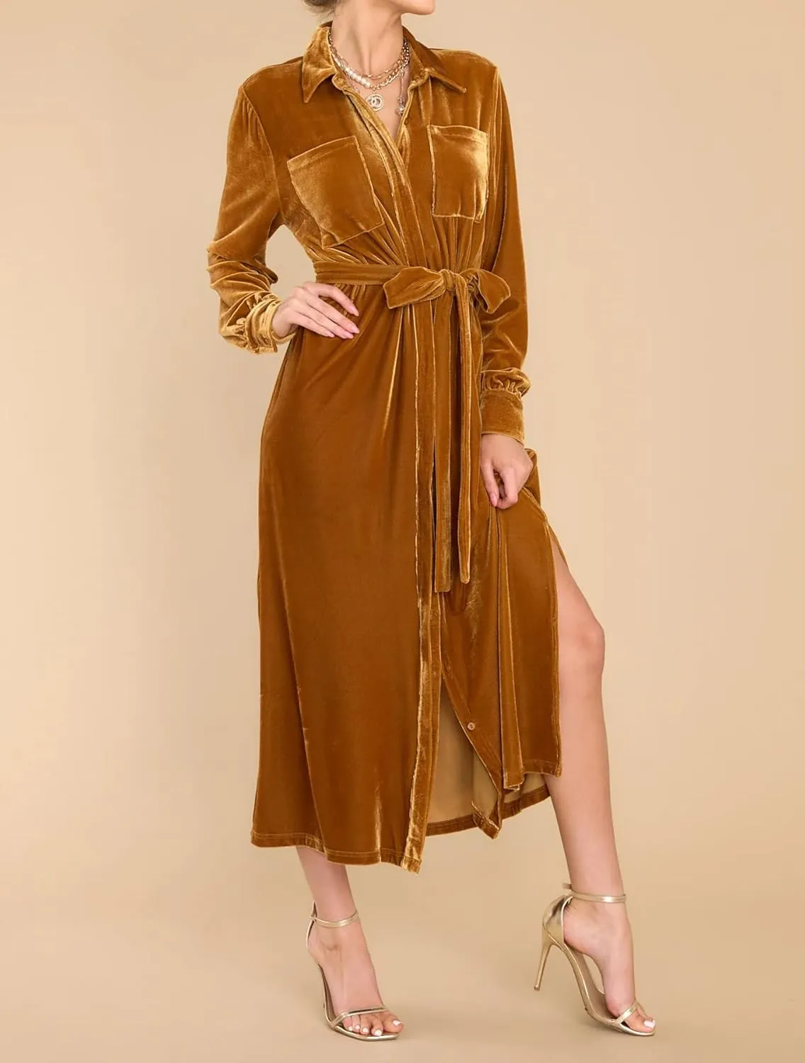 R.Vivimos Women's Fall Long Sleeve Velvet Casual Dresses Button Down Loose Slit Shirt Midi Dress with Belt