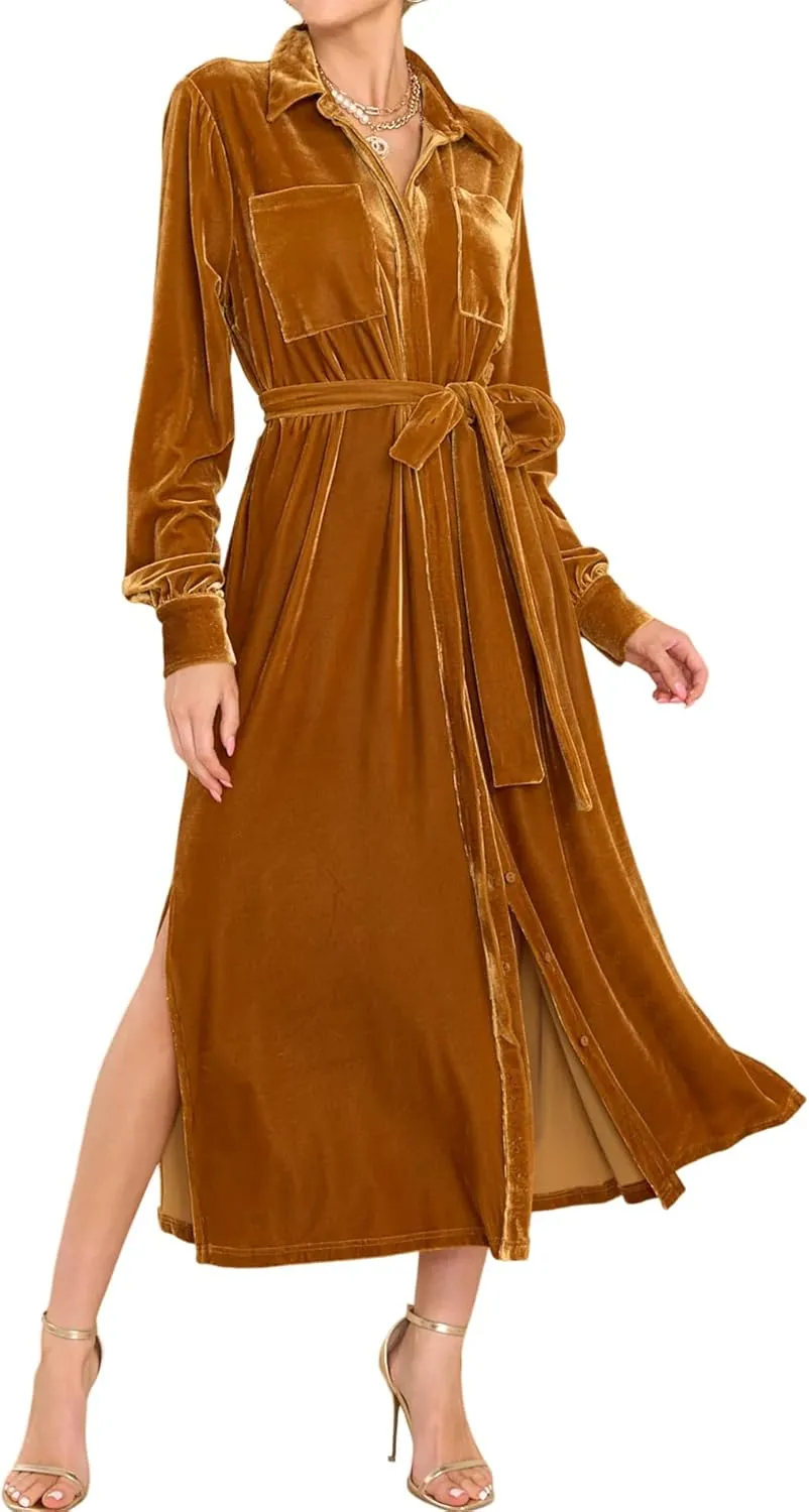 R.Vivimos Women's Fall Long Sleeve Velvet Casual Dresses Button Down Loose Slit Shirt Midi Dress with Belt
