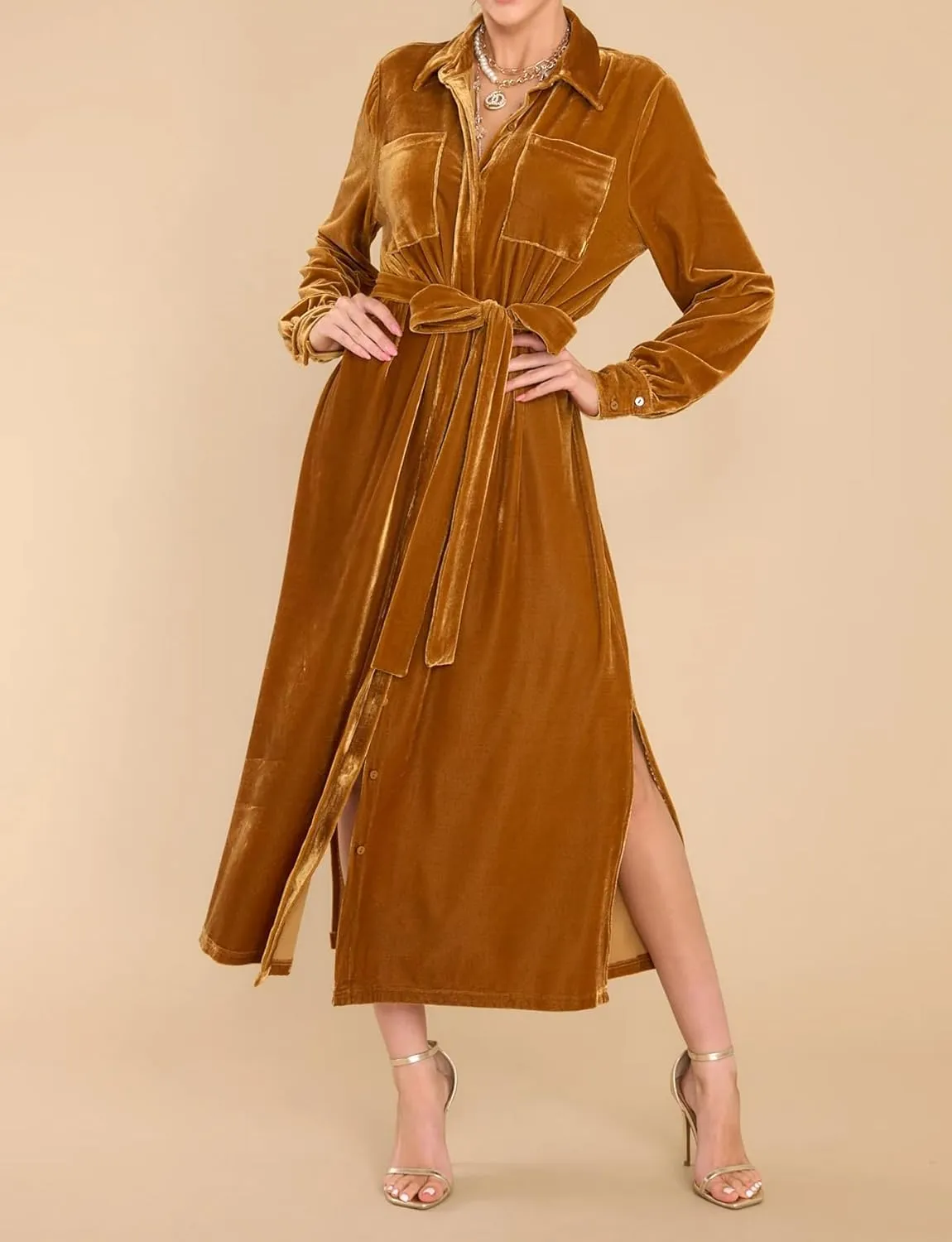 R.Vivimos Women's Fall Long Sleeve Velvet Casual Dresses Button Down Loose Slit Shirt Midi Dress with Belt