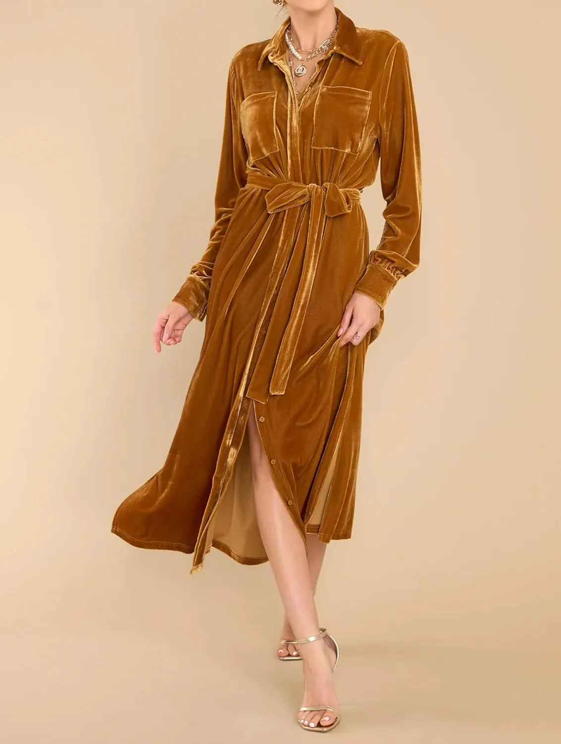 R.Vivimos Women's Fall Long Sleeve Velvet Casual Dresses Button Down Loose Slit Shirt Midi Dress with Belt