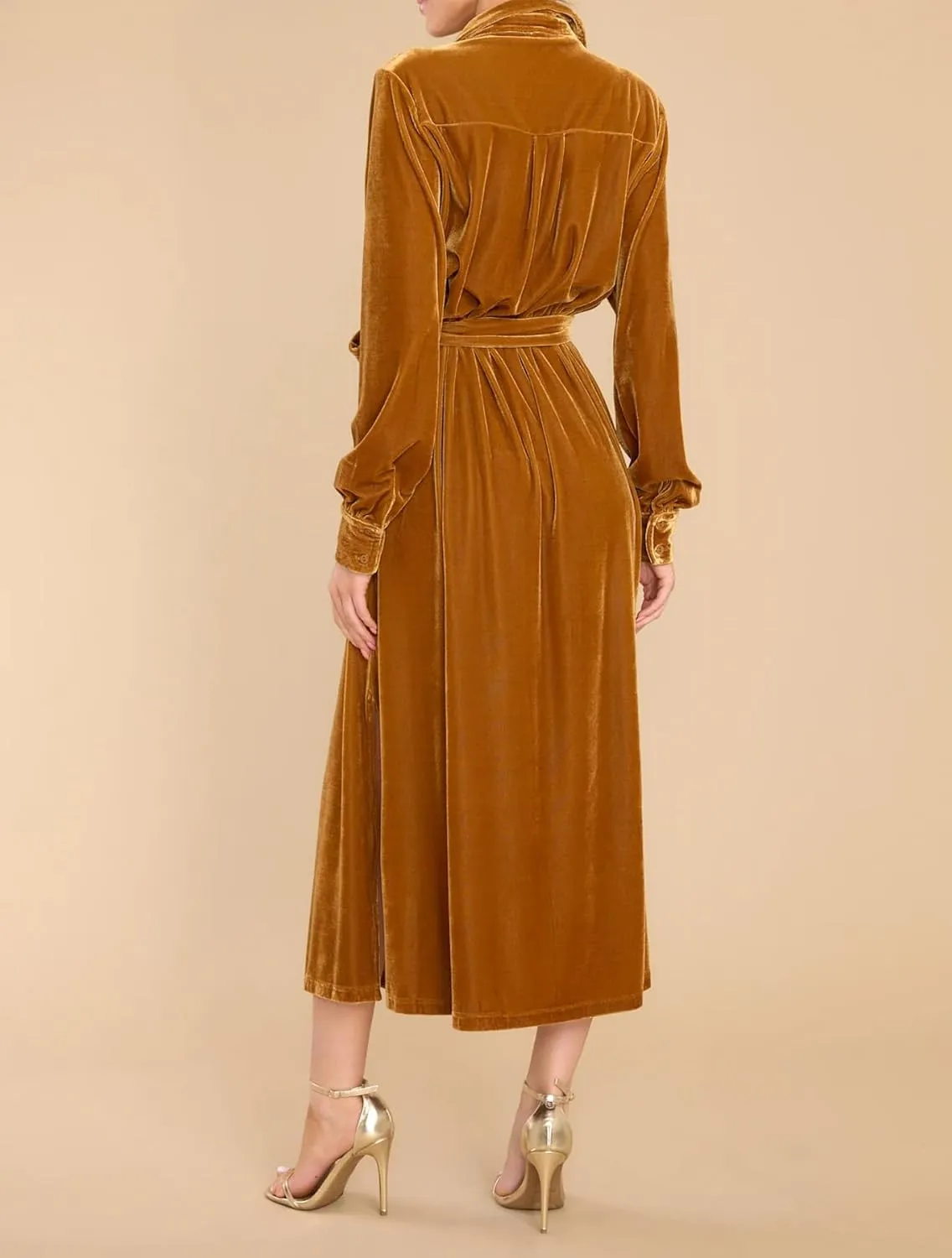 R.Vivimos Women's Fall Long Sleeve Velvet Casual Dresses Button Down Loose Slit Shirt Midi Dress with Belt