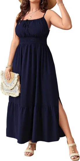 SCOMCHIC Plus Size Summer Boho Dresses Spaghetti Strap Sleeveless Casual Sundress Smocked Flowy Slit Beach Maxi Dress