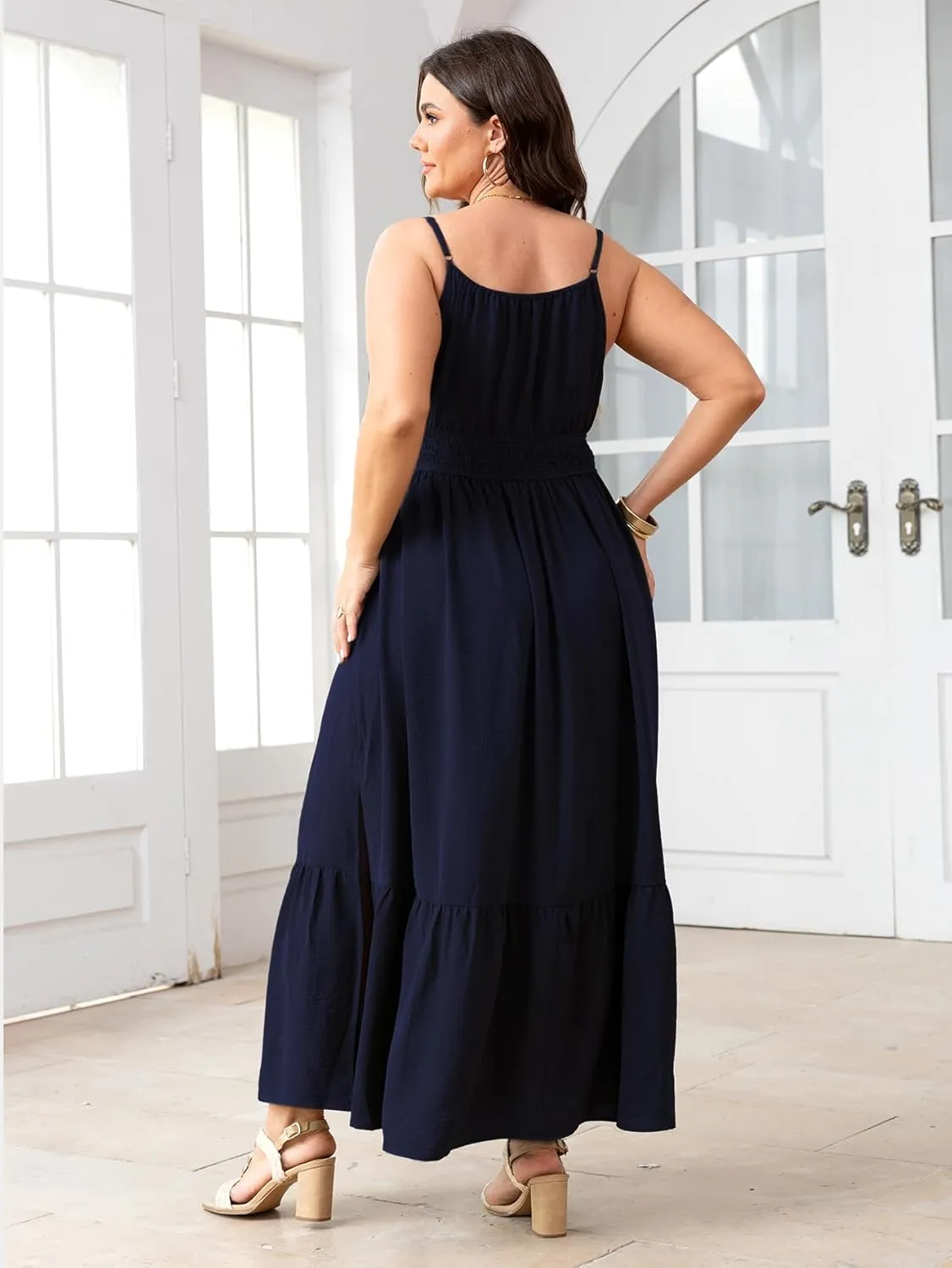 SCOMCHIC Plus Size Summer Boho Dresses Spaghetti Strap Sleeveless Casual Sundress Smocked Flowy Slit Beach Maxi Dress