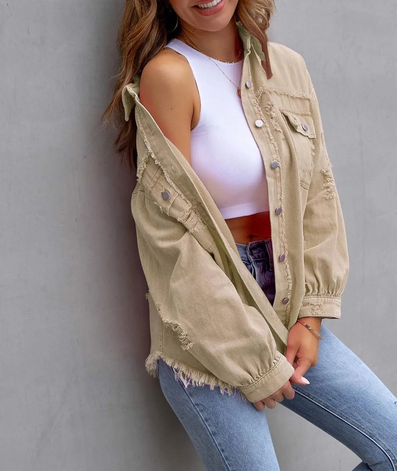SEMATOMALA Women's Frayed Hem Ripped Denim Shirt Jacket Button Front Boyfriend Jean Coat Oversized Distressed Fall Shacket