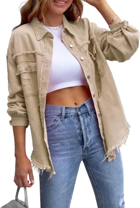 SEMATOMALA Women's Frayed Hem Ripped Denim Shirt Jacket Button Front Boyfriend Jean Coat Oversized Distressed Fall Shacket