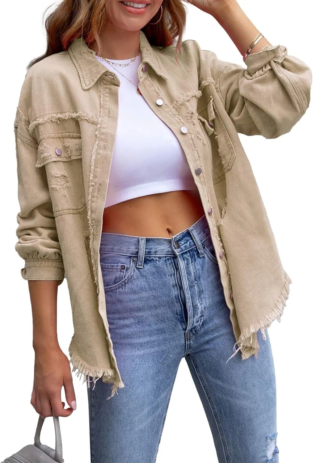 SEMATOMALA Women's Frayed Hem Ripped Denim Shirt Jacket Button Front Boyfriend Jean Coat Oversized Distressed Fall Shacket