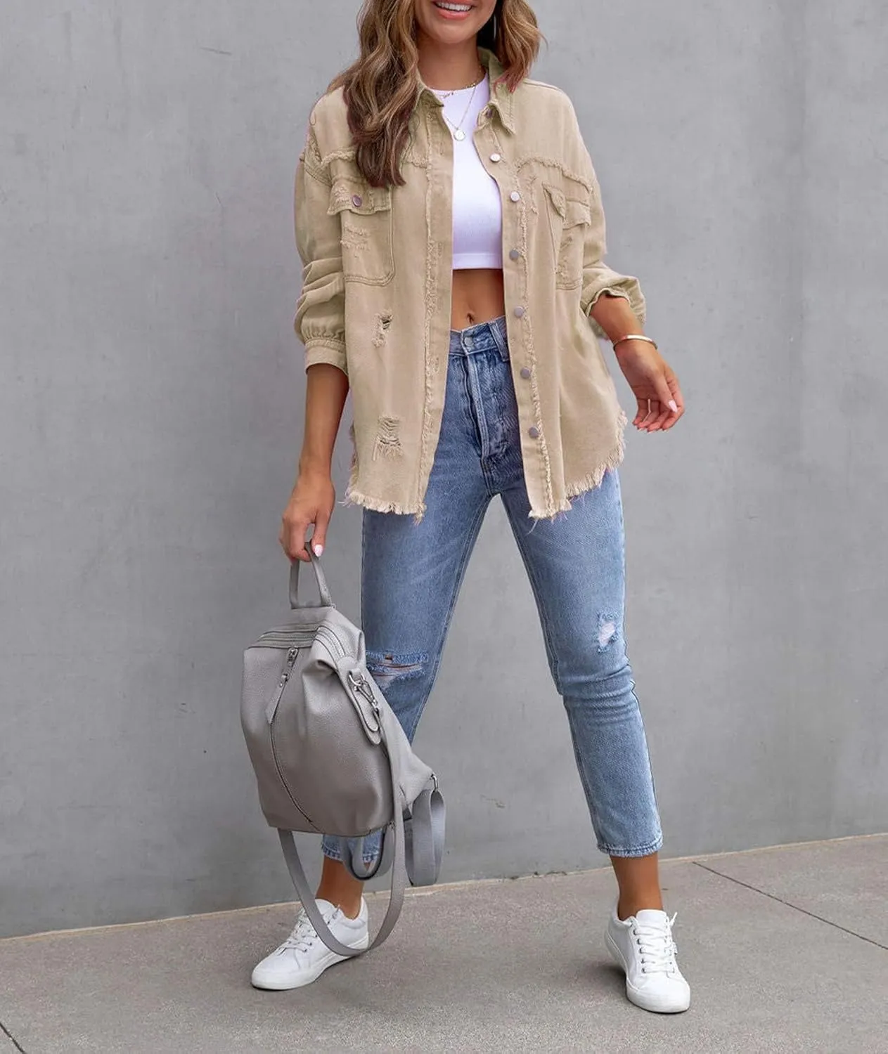 SEMATOMALA Women's Frayed Hem Ripped Denim Shirt Jacket Button Front Boyfriend Jean Coat Oversized Distressed Fall Shacket