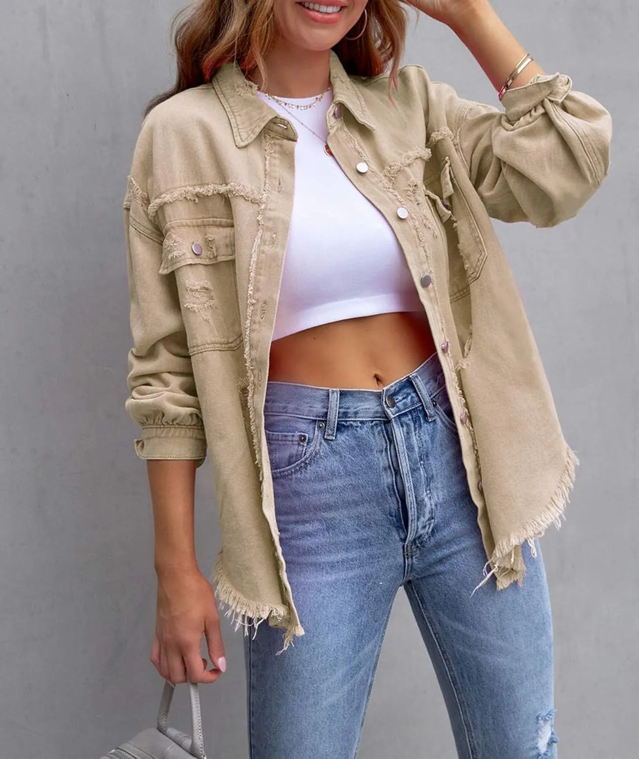 SEMATOMALA Women's Frayed Hem Ripped Denim Shirt Jacket Button Front Boyfriend Jean Coat Oversized Distressed Fall Shacket