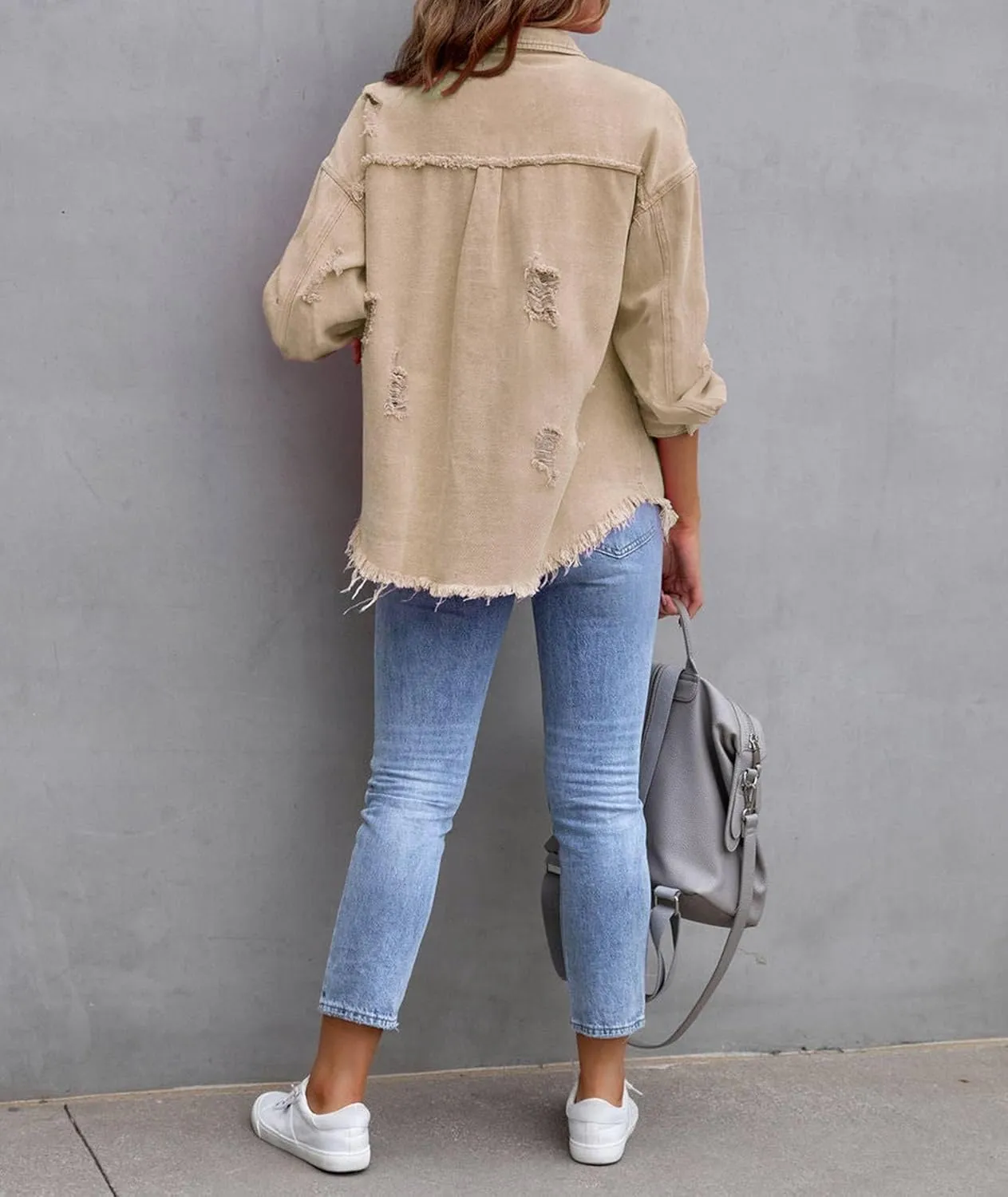 SEMATOMALA Women's Frayed Hem Ripped Denim Shirt Jacket Button Front Boyfriend Jean Coat Oversized Distressed Fall Shacket