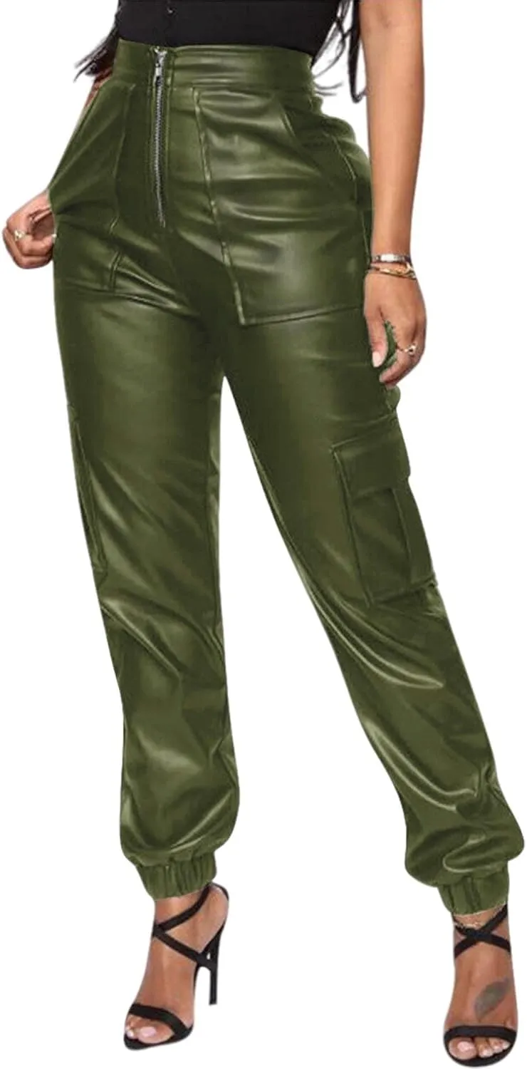 Sexyshine Women's Faux Leather Loose Solid Pant High Waist Baggy Jogger Cargo Pant with Pockets