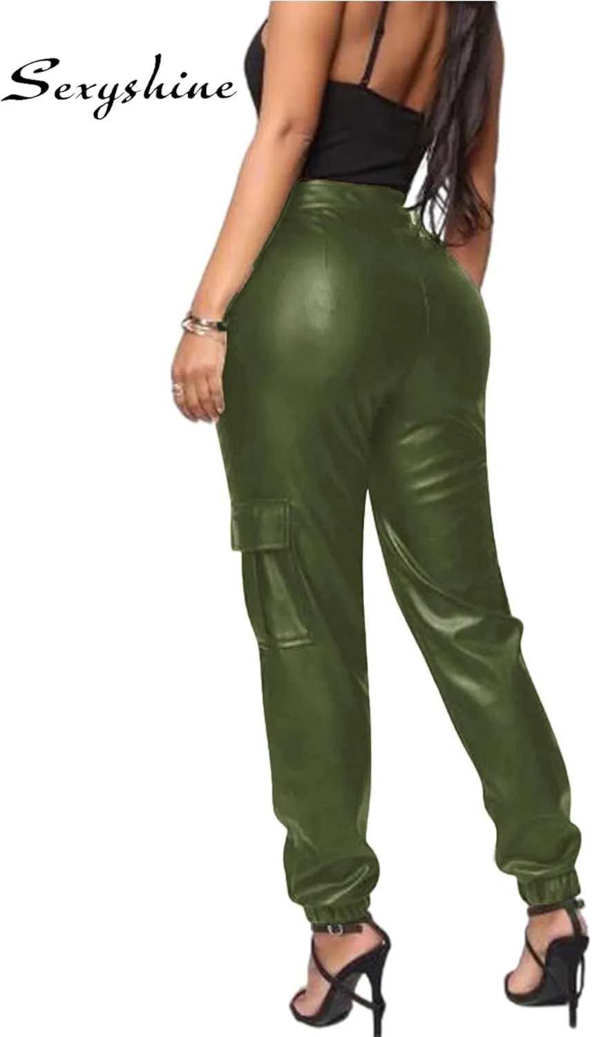 Sexyshine Women's Faux Leather Loose Solid Pant High Waist Baggy Jogger Cargo Pant with Pockets