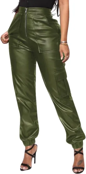 Sexyshine Women's Faux Leather Loose Solid Pant High Waist Baggy Jogger Cargo Pant with Pockets