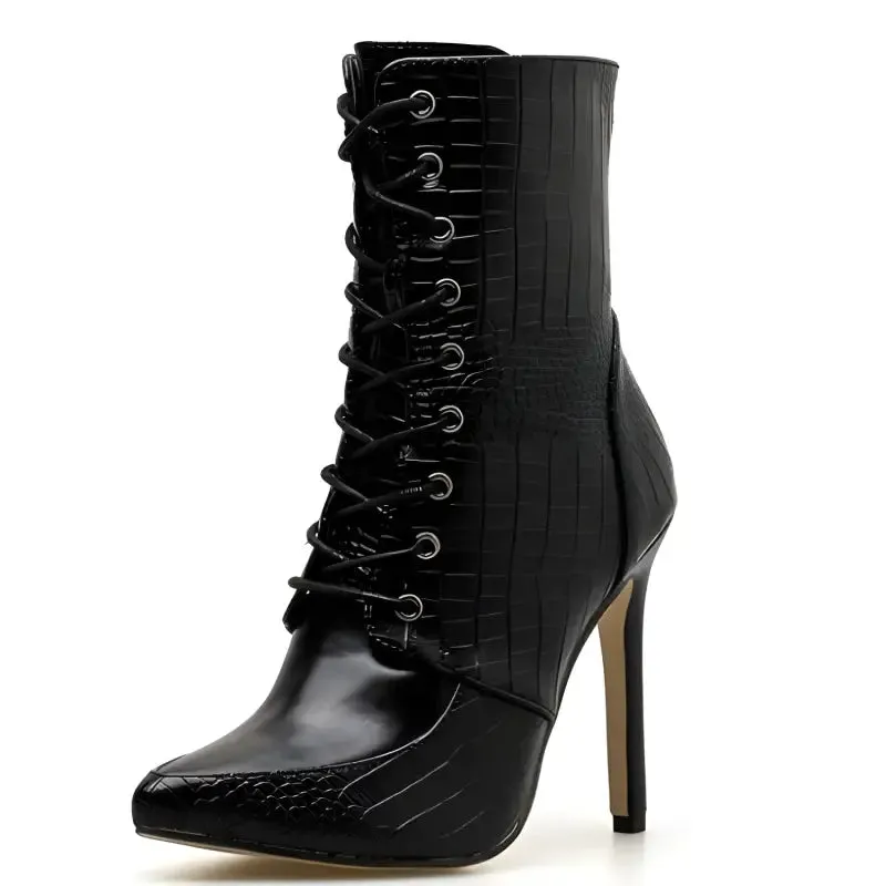 Snake Print Lace-up Sexy Pointed-toe Women's Boots