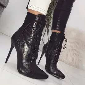 Snake Print Lace-up Sexy Pointed-toe Women's Boots